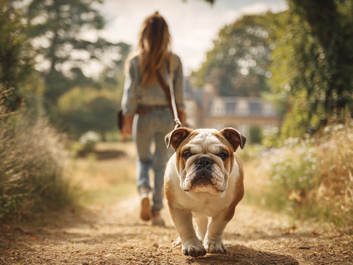 Joyce wandelt met bulldog in rustige omgeving